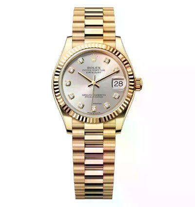Rolex Datejust 31 278278-0034 Yellow Gold Silver Diamond Dial Fluted Bezel President Bracelet Watch