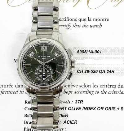 Patek Philippe Annual Calendar Chronograph Complications Stainless Steel Olive Green Dial 5905 1a-001