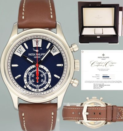 Patek Philippe Annual Calendar Chronograph Papers Mint 5960g White Gold Chrono Blue Calendar 40 5mm Watch