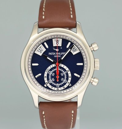 Patek Philippe Annual Calendar Chronograph Papers Mint 5960g White Gold Chrono Blue Calendar 40 5mm Watch