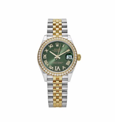 Rolex Datejust 31 278383rbr Ladies Yellow Gold Stainless Steel Green Roman Dial Diamond Bezel