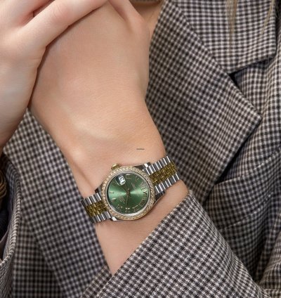 Rolex Datejust 31 278383rbr Ladies Yellow Gold Stainless Steel Green Roman Dial Diamond Bezel