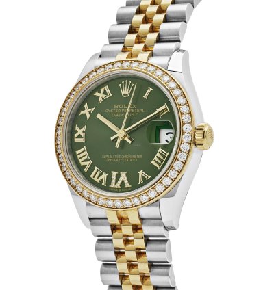 Rolex Datejust 31 278383rbr Ladies Yellow Gold Stainless Steel Green Roman Dial Diamond Bezel