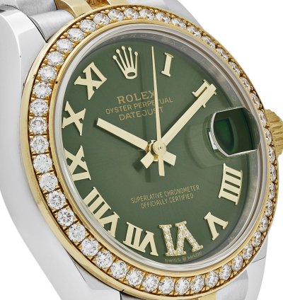 Rolex Datejust 31 278383rbr Ladies Yellow Gold Stainless Steel Green Roman Dial Diamond Bezel