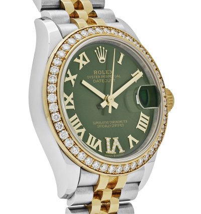Rolex Datejust 31 278383rbr Ladies Yellow Gold Stainless Steel Green Roman Dial Diamond Bezel