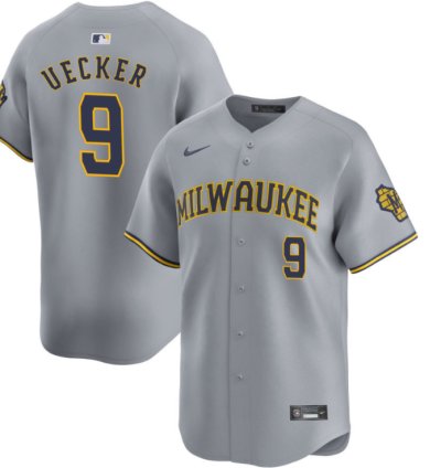 Men Bob Uecker 9 Milwaukee Brewers Away Jersey - Grey