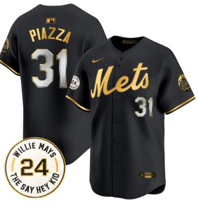 Mike Piazza Jersey 31 Mets Willie Mays Patch Vapor Premier Limited Stitched Black Gold