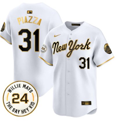 Mike Piazza Jersey 31 Mets Willie Mays Patch Vapor Premier Limited Stitched New York Gold
