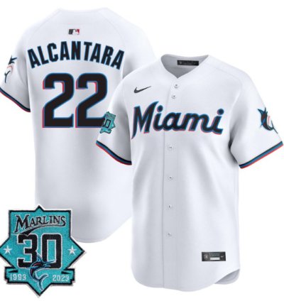 Sandy Alcantara Jersey 22 Miami Marlins 30 Seasons Anniversary Patch Limited Stitched White