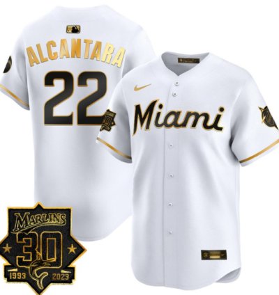 Sandy Alcantara Jersey 22 Miami Marlins 30 Seasons Anniversary Patch Limited Stitched White Gold