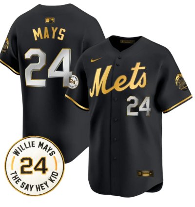 Willie Mays Jersey 24 New York Mets Willie Mays Patch Vapor Premier Limited Stitched Black Gold