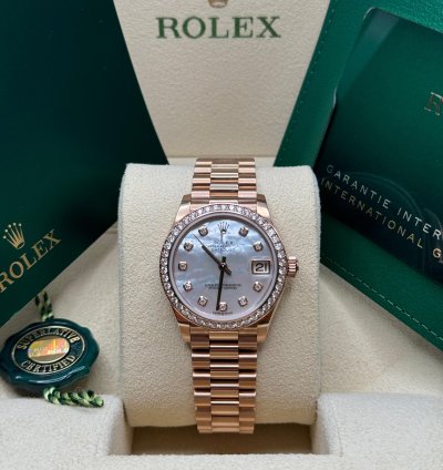 Rolex Datejust 31 New 2023 Mother Of Pearl Dial Diamond Bezel Rose Gold President Bracelet