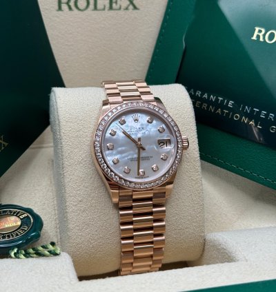 Rolex Datejust 31 New 2023 Mother Of Pearl Dial Diamond Bezel Rose Gold President Bracelet