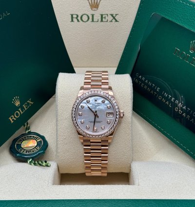Rolex Datejust 31 New 2023 Mother Of Pearl Dial Diamond Bezel Rose Gold President Bracelet