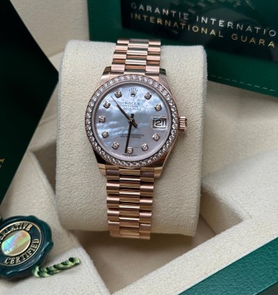 Rolex Datejust 31 New 2023 Mother Of Pearl Dial Diamond Bezel Rose Gold President Bracelet