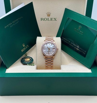 Rolex Datejust 31 New 2023 Mother Of Pearl Dial Diamond Bezel Rose Gold President Bracelet