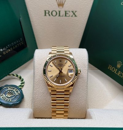 Rolex Datejust 31 New 2024 Champagne Index Dial Fluted Bezel Yellow Gold President