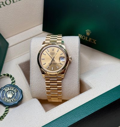 Rolex Datejust 31 New 2024 Champagne Index Dial Fluted Bezel Yellow Gold President