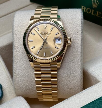 Rolex Datejust 31 New 2024 Champagne Index Dial Fluted Bezel Yellow Gold President