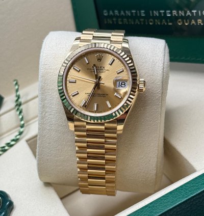 Rolex Datejust 31 New 2025 Champagne Index Dial Fluted Bezel Yellow Gold President