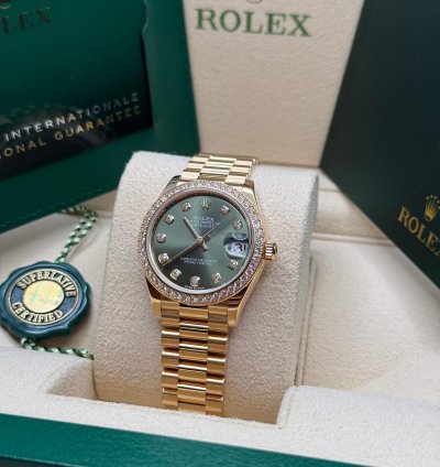 Rolex Datejust 31 Olive Green Diamond Dial 18k Gold Diamond Bezel Jubilee Bracelet