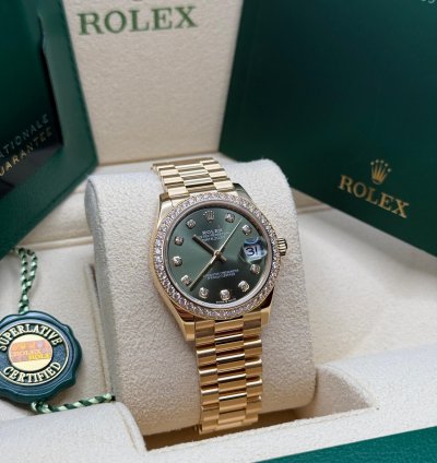 Rolex Datejust 31 Olive Green Diamond Dial 18k Gold Diamond Bezel Jubilee Bracelet