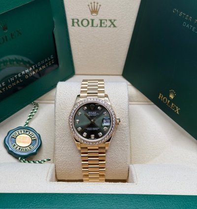 Rolex Datejust 31 Olive Green Diamond Dial 18k Gold Diamond Bezel Jubilee Bracelet