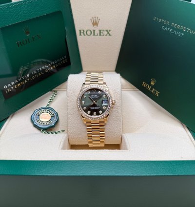 Rolex Datejust 31 Olive Green Diamond Dial 18k Gold Diamond Bezel Jubilee Bracelet