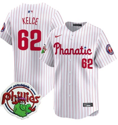 Jason Kelce Jersey 62 Phillies Phanatic Patch Vapor Premier Limited Stitched White Pinstripe