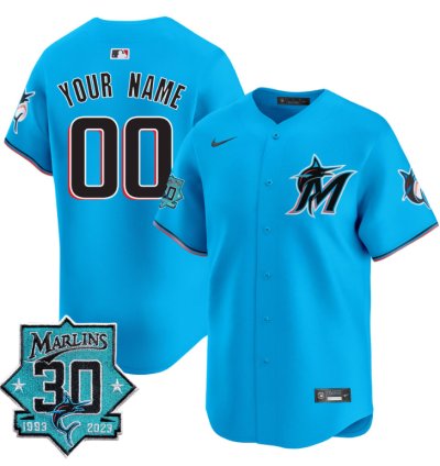 Custom Miami Marlins Jersey 30 Seasons Anniversary Patch Vapor Premier Limited Stitched Blue