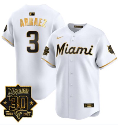 Luis Arraez Jersey 3 Miami Marlins 30 Seasons Anniversary Patch Limited Stitched White Gold
