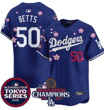 Mookie Betts Jersey 50 Dodgers Tokyo Series 2025 World Series Champions Patch Royal