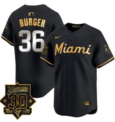 Jake Burger Jersey 36 Miami Marlins 30 Seasons Anniversary Patch Vapor Limited Stitched Black Gold