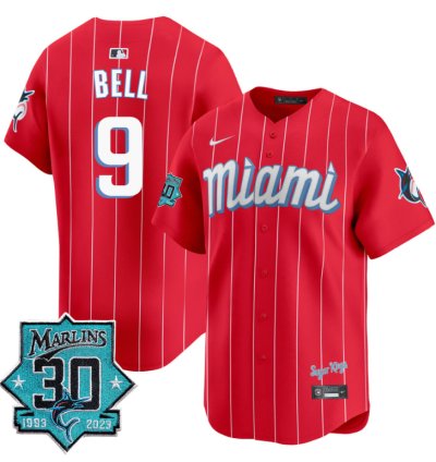 Josh Bell Jersey 9 Miami Marlins 30 Seasons Anniversary Patch Limited Stitched City Connect