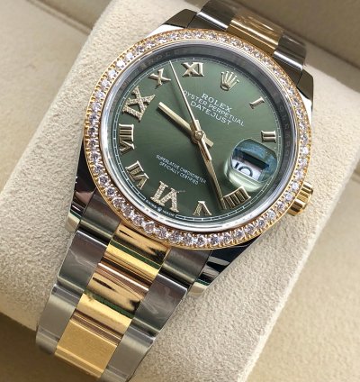 Rolex Datejust 36 126283rbr Green Roman Dial Diamond Bezel Oyster