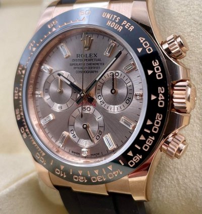 Rolex Daytona 116515ln Rose Gold Oysterflex Sundust Baguette Dial Unworn 2023