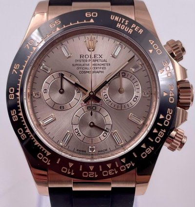 Rolex Daytona 116515ln Rose Gold Oysterflex Sundust Baguette Dial Unworn 2023