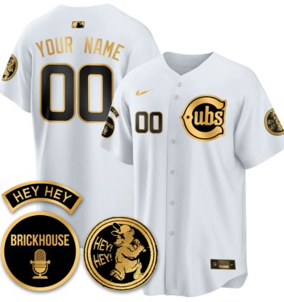 Custom Chicago Cubs Jersey Jack Brickhouse Hey Hey Patch Limited Stitched White Gold