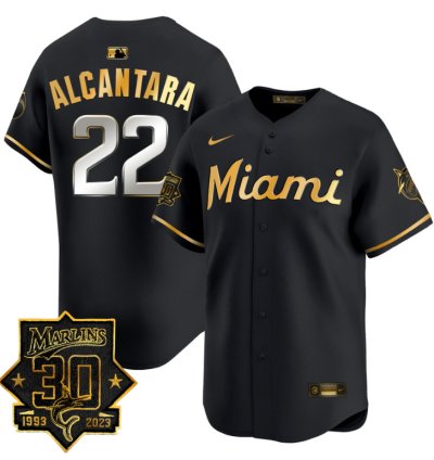 Sandy Alcantara Jersey 22 Miami Marlins 30 Seasons Anniversary Patch Limited Stitched Black Gold