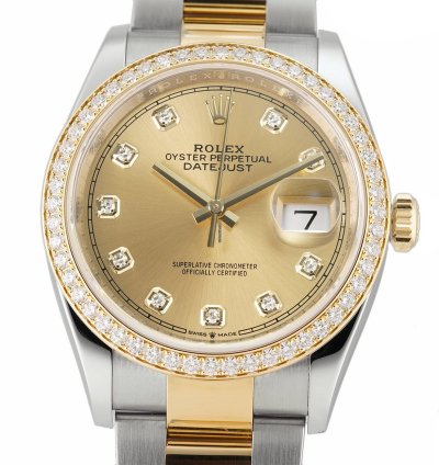 Rolex Datejust 36 36mm Steel Yellow Gold Champagne Diamond Dial Bezel On Oyster Bracelet
