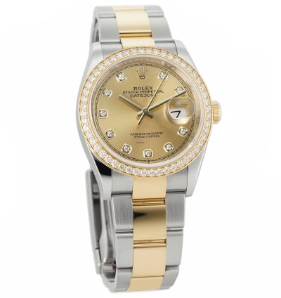 Rolex Datejust 36 36mm Steel Yellow Gold Champagne Diamond Dial Bezel On Oyster Bracelet