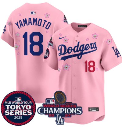 Yamamoto Jersey 18 Dodgers Tokyo Series 2025 World Series Champions Patch Cherry Blossom