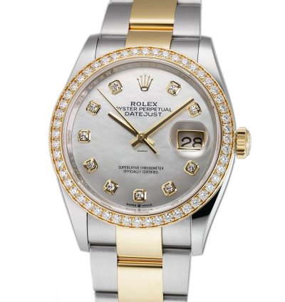 Rolex Datejust 36 36mm Steel Yellow Gold White Mop Diamond Dial Bezel On Oyster Bracelet