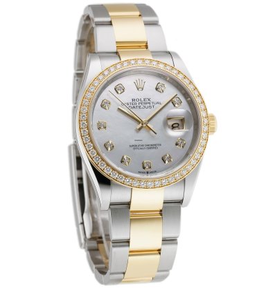 Rolex Datejust 36 36mm Steel Yellow Gold White Mop Diamond Dial Bezel On Oyster Bracelet
