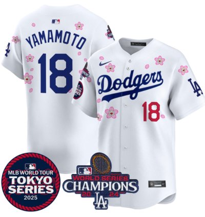 Yamamoto Jersey 18 Dodgers Tokyo Series 2025 World Series Champions Patch White