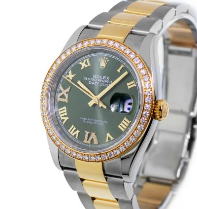Rolex Datejust 36 36mm Yellow Gold Steel Olive Green Roman Dial Diamond Bezel 126283rbr