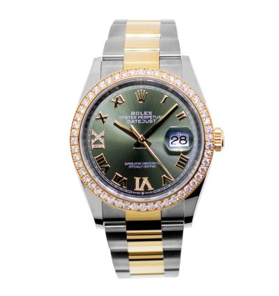 Rolex Datejust 36 36mm Yellow Gold Steel Olive Green Roman Dial Diamond Bezel 126283rbr