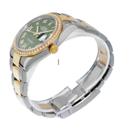 Rolex Datejust 36 36mm Yellow Gold Steel Olive Green Roman Dial Diamond Bezel 126283rbr