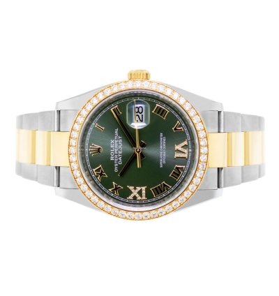 Rolex Datejust 36 36mm Yellow Gold Steel Olive Green Roman Dial Diamond Bezel 126283rbr