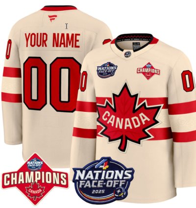 Mens Custom Canada Jersey 4 Nations Face-off 2025 Champions Stitched Cream